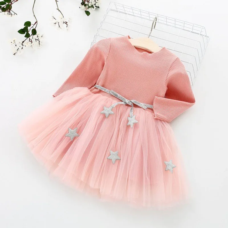 Robe d'anniversaire pour filles tissu côtelé tulle étoiles argentées style moderne rose occasion spéciale enfa