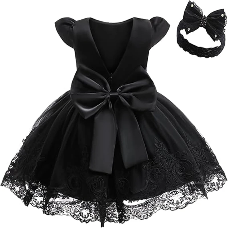 Robe noire pour bébé fille satin et tulle dentelle nœud robe de baptême mariage anniversaire style princesse é