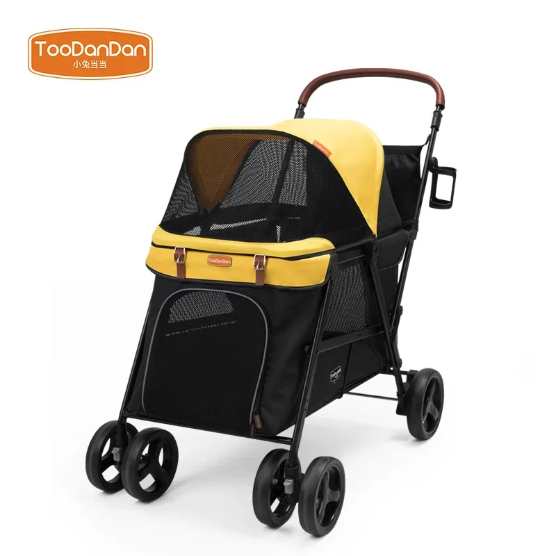 Poussette pliable pour animaux de compagnie tissu respirant roues légères fermeture éclair portable style mode