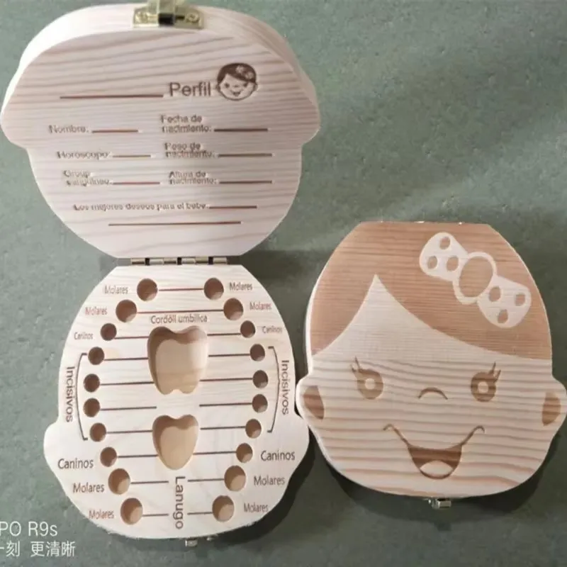 Boîte à dents de bébé en bois coffre de souvenirs pour dents de lait et cordon ombilical design enfantin en bo