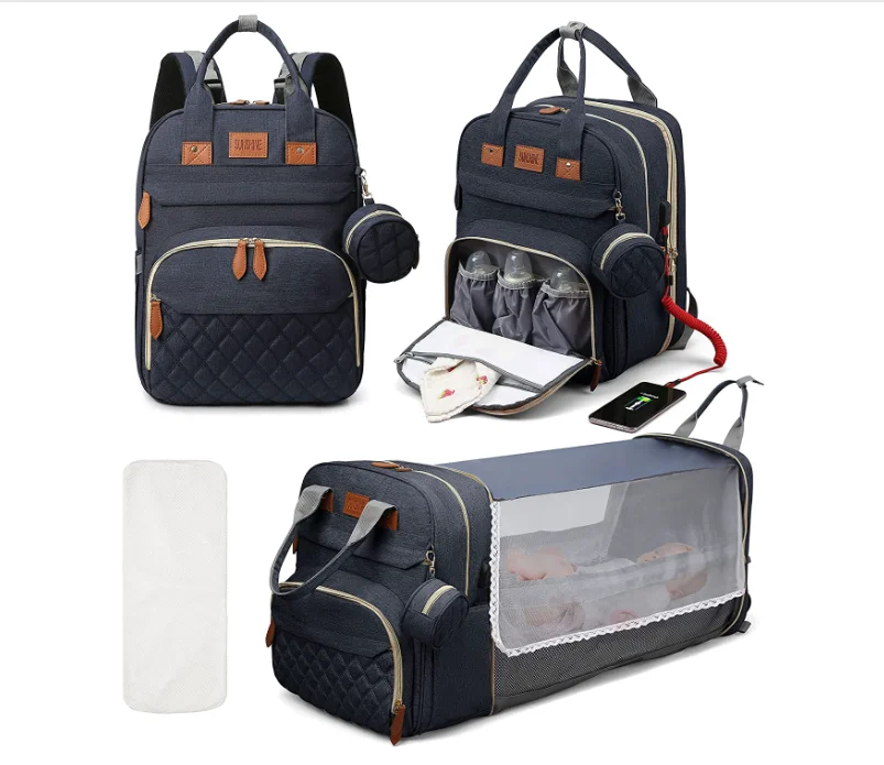 Sac à langer 3 en 1, sac à dos pliable pour lit de bébé, sac de voyage étanche avec chargeur USB, sac à dos av