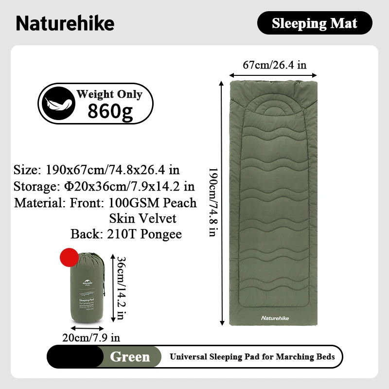 Matelas camping Naturehike en coton lavable machine universel portable pliant sieste bureau outdoor green