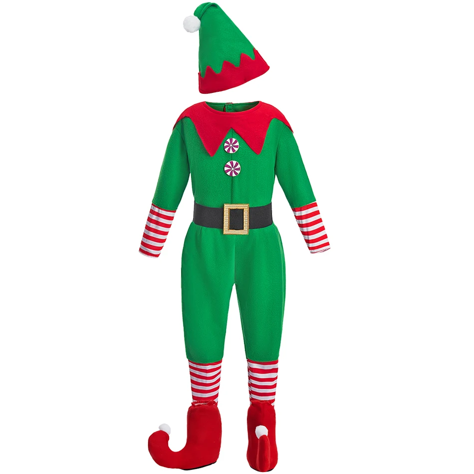 Costume de Noël elfe pour enfant vert et rouge style traditionnel col pointu accessoires inclus déguisement fê