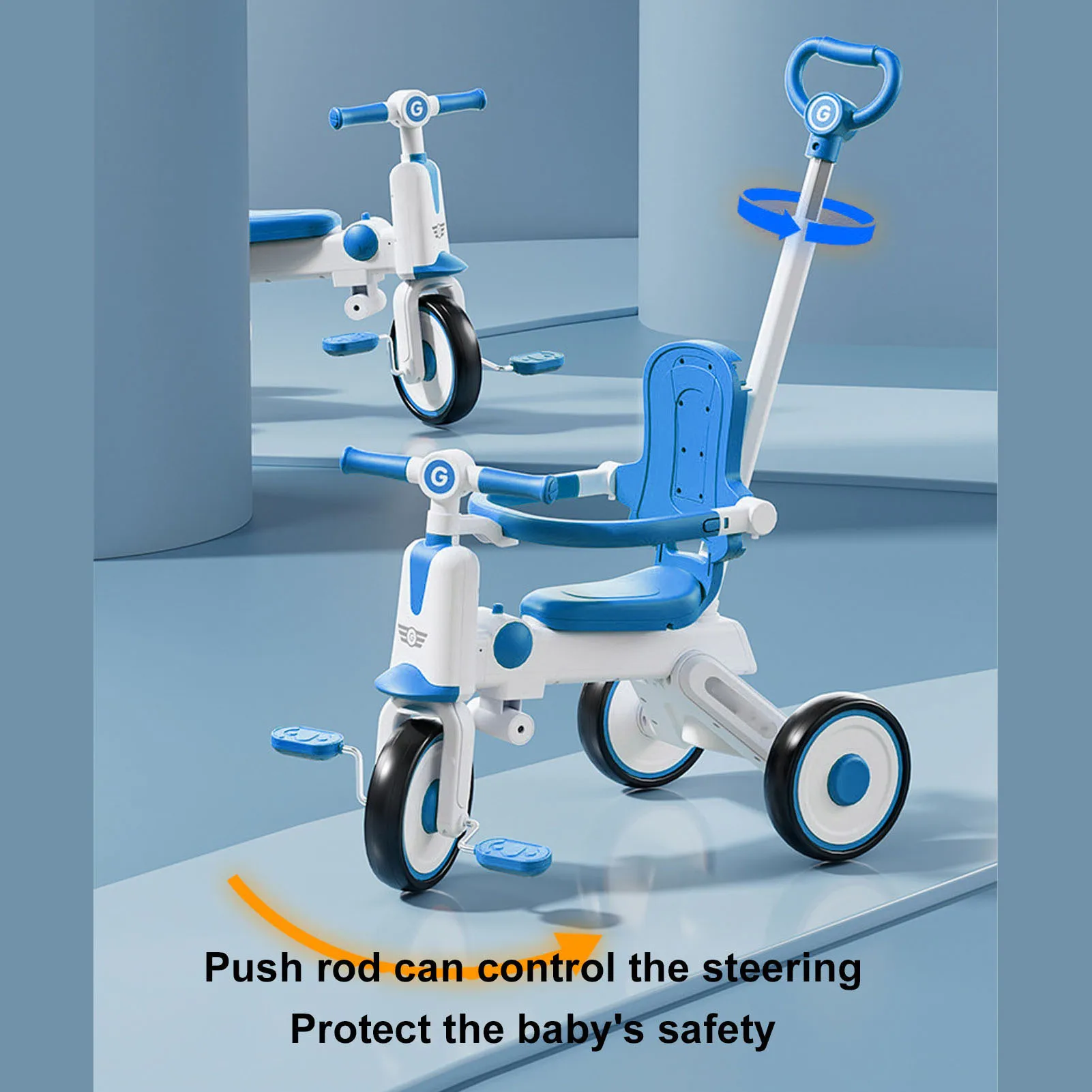 Tricycle pour enfants design moderne barre de poussée réglable roues en caoutchouc couleurs vives jouets mobil