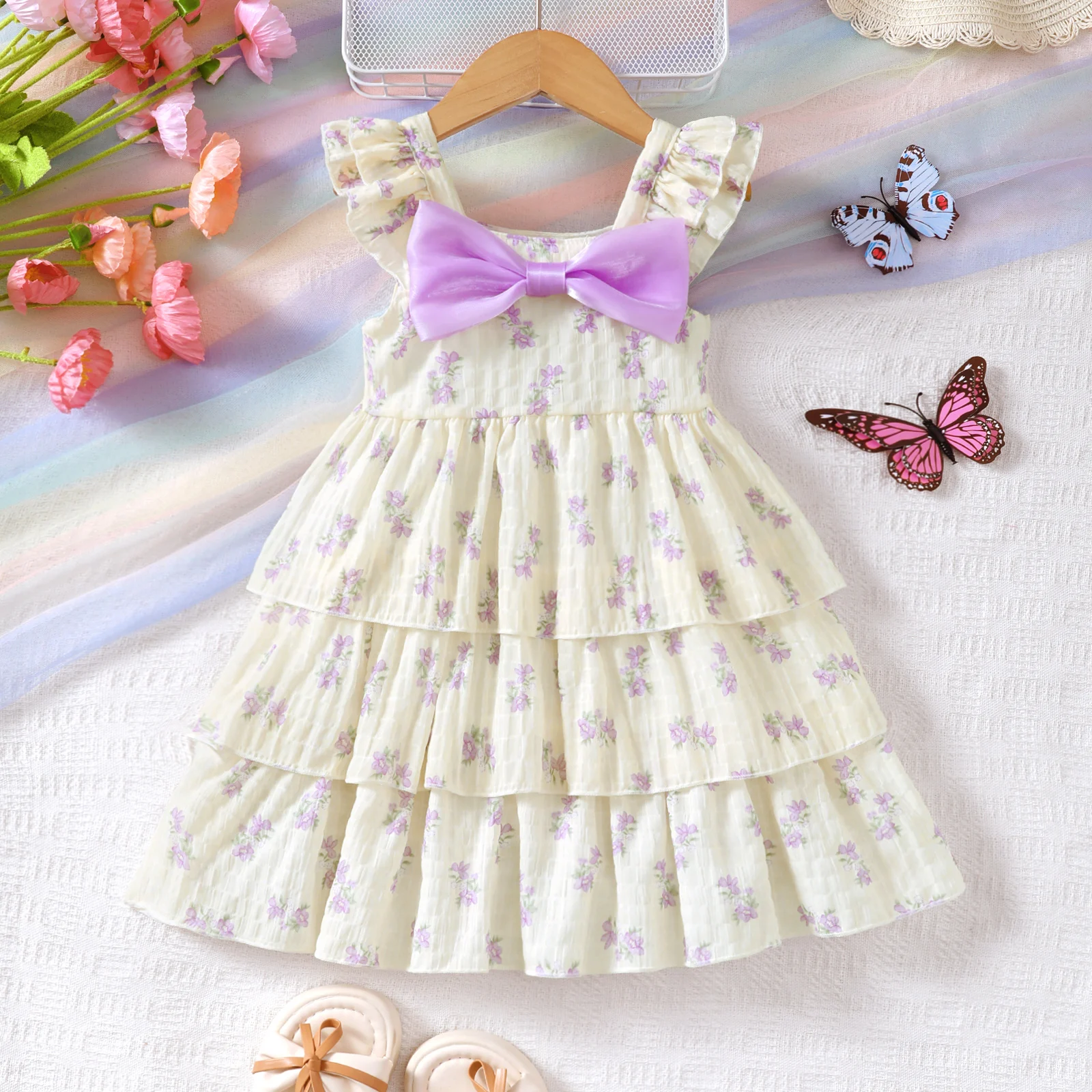 Robe de princesse pour filles motif floral nœud décoratif puffed sleeves été 36 ans robe d'anniversaire vêteme