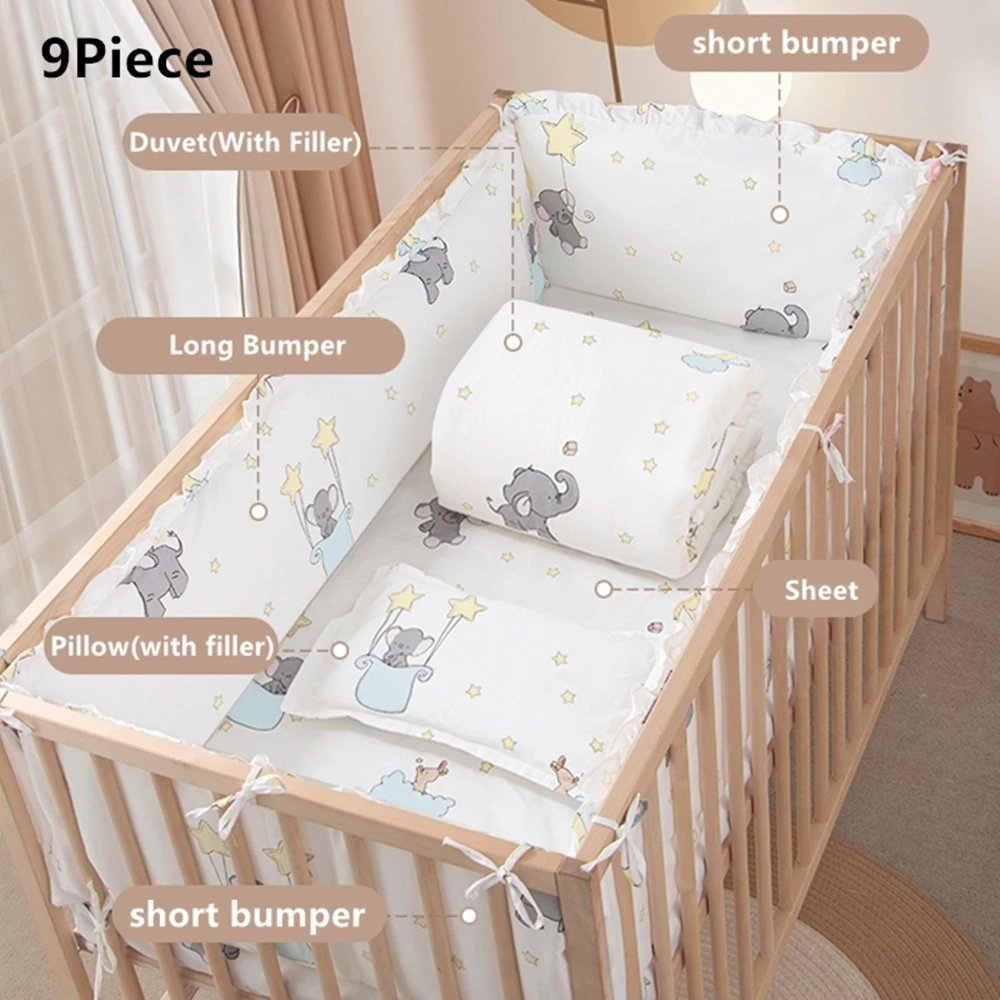 Ensemble de literie bébé éléphant 6/9 pièces coton doux berceau parechocs drap housse oreiller design moderne