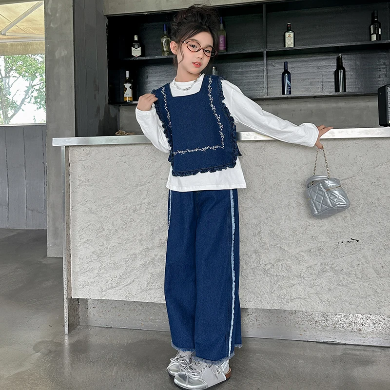 Ensemble Automne 3 Pièces pour Filles Gilet Brodé Tshirt Coton Jean Large Macamp Taille S M L XL Qualité Premi