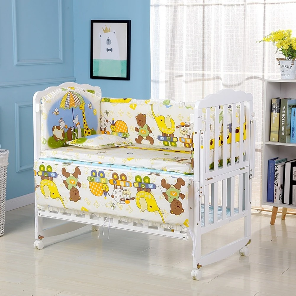Lit bébé en bois blanc avec parure animaux décoration chambre 4 parechocs matelas et oreiller 6 pièces sécurit