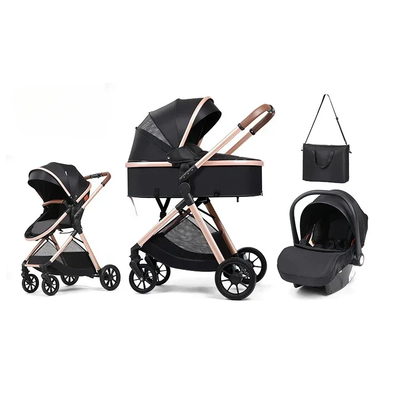 Poussette bébé 3 en 1 bassinet siège auto sac maman pliable en un clic style moderne aluminium polyester noir