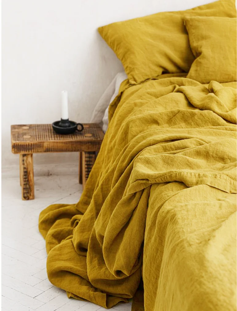 Ensemble lit 100% Linen French Washed jaune draps housse oreillers couette bébé adulte style minimaliste moder