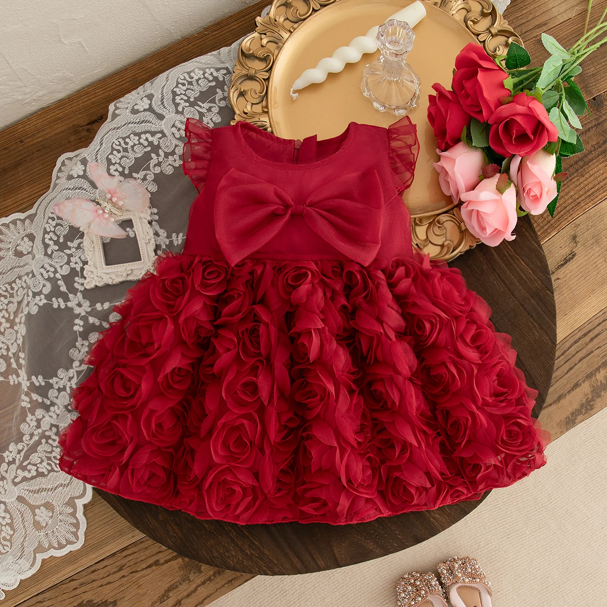 Robe d'été pour bébé fille sans manches volants couleur rouge maille douce nœud floral robe d'anniversaire nou