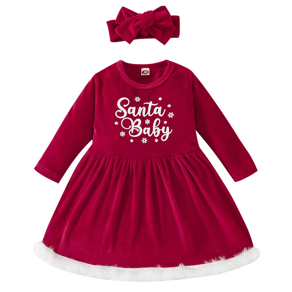 Robe de princesse de Noël pour bébé fille velours rouge fourrure synthétique bandeau assorti message Santa Bab