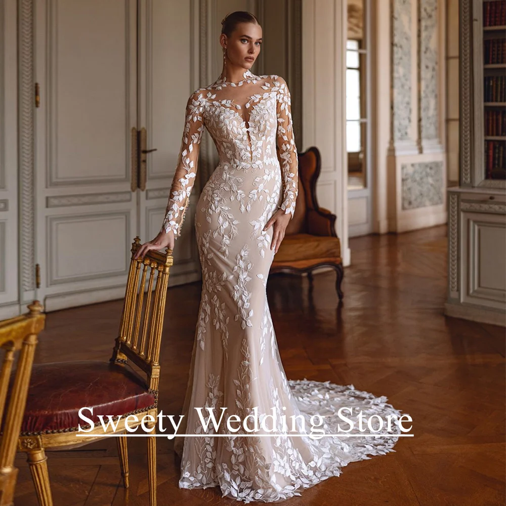 Robe de mariée sirène à manches longues train balayage dos sirène polyester tulle dentelle fermeture éclair so