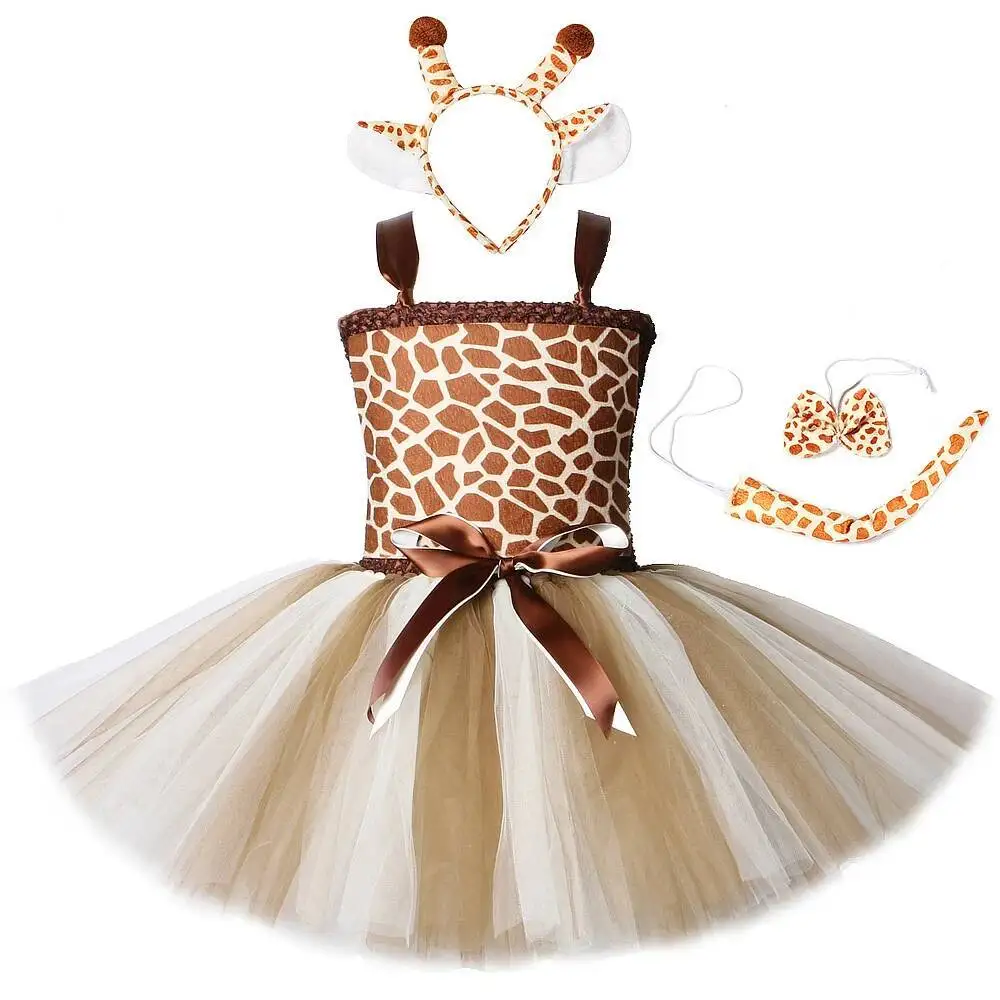 Costume d'animaux pour fille robe girafe tissu imprimé oreilles serretête queue accessoires Halloween Noël ann