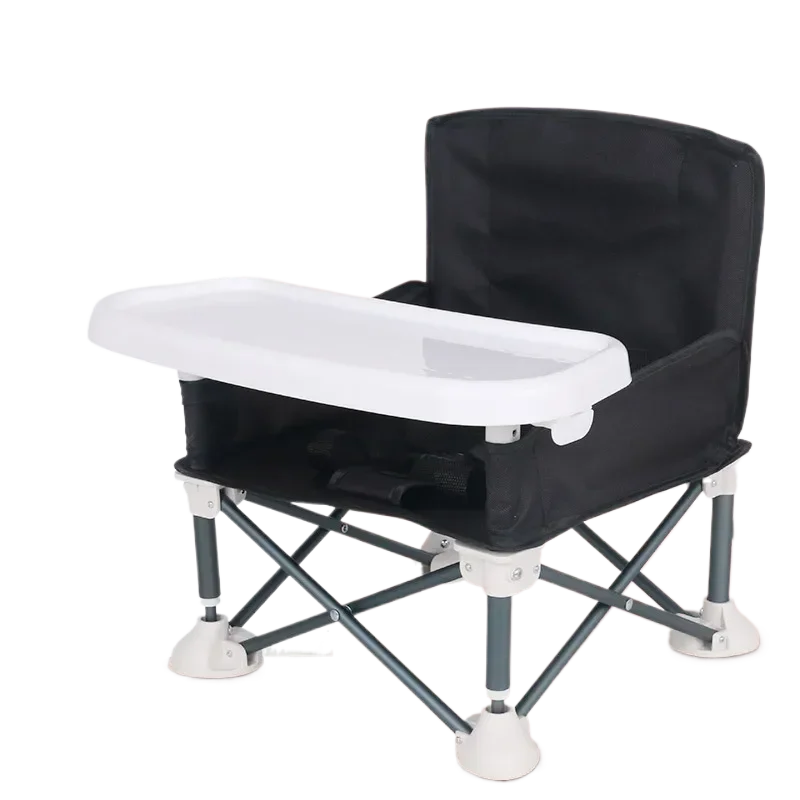 Chaise haute bébé portable compacte pliable avec ceinture de sécurité 3 points design moderne tissu noir plate