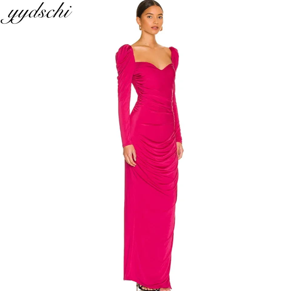 Robe de soirée froncée à manches longues décolleté cœur style élégant longueur plancher robe Aline pour femmes