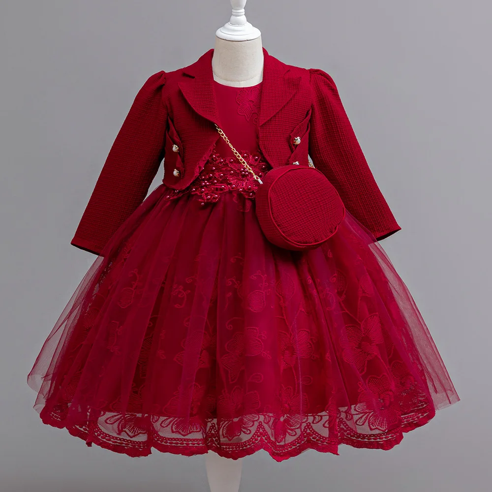 Robe de soirée élégante en dentelle pour fille 3 pièces robe princesse veste assortie sac main mariage anniver