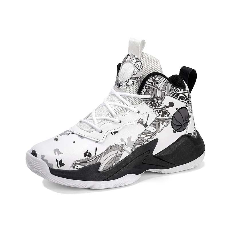 Chaussures de Basketball Enfants Haute Tige Semelle Épaisse Design Sportif Blanc Noir Gris