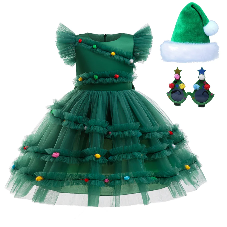 Robe de Noël festive pour filles vert manches courtes nœud robe de princesse accessoires inclus cadeau de Noël