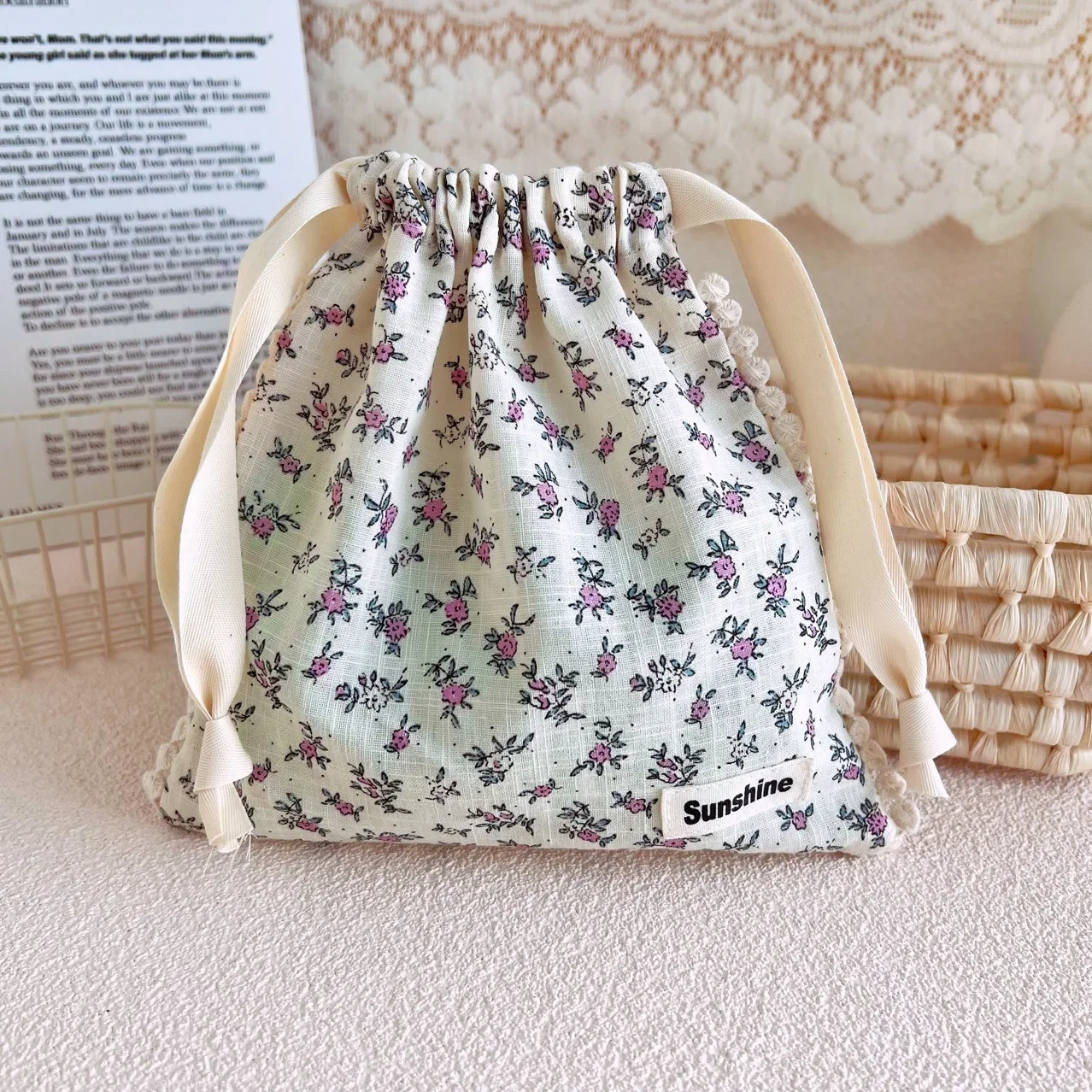 Sac à couches imprimé fleur maman sac de rangement poussette poche à drawstring coton doux design floral acces