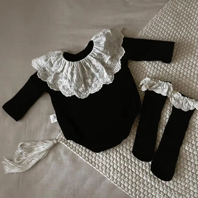 Ensemble bébé fille dentelle body longues manches chaussettes assorties style élégant couleur noire doux confo
