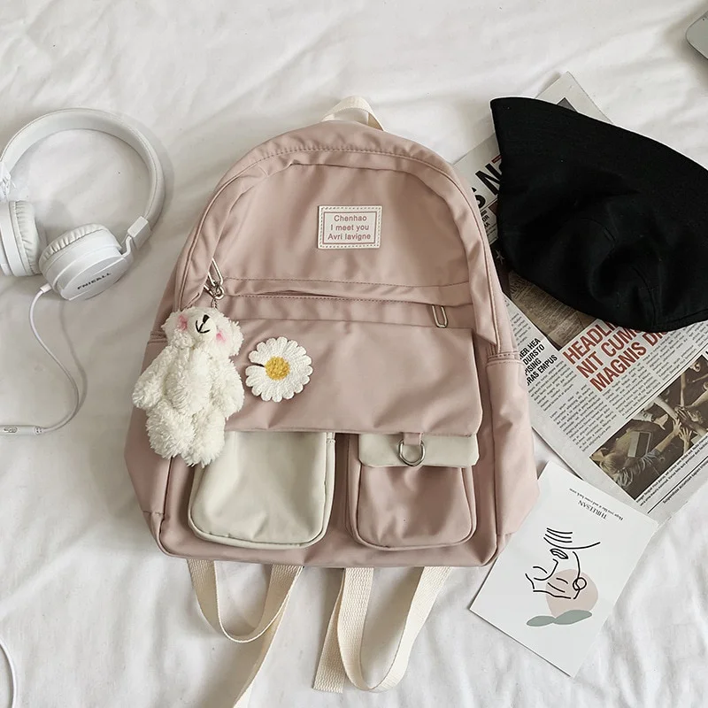 Sac à dos école adolescentes fleurs solides nylon ajustables poches zips panda peluche