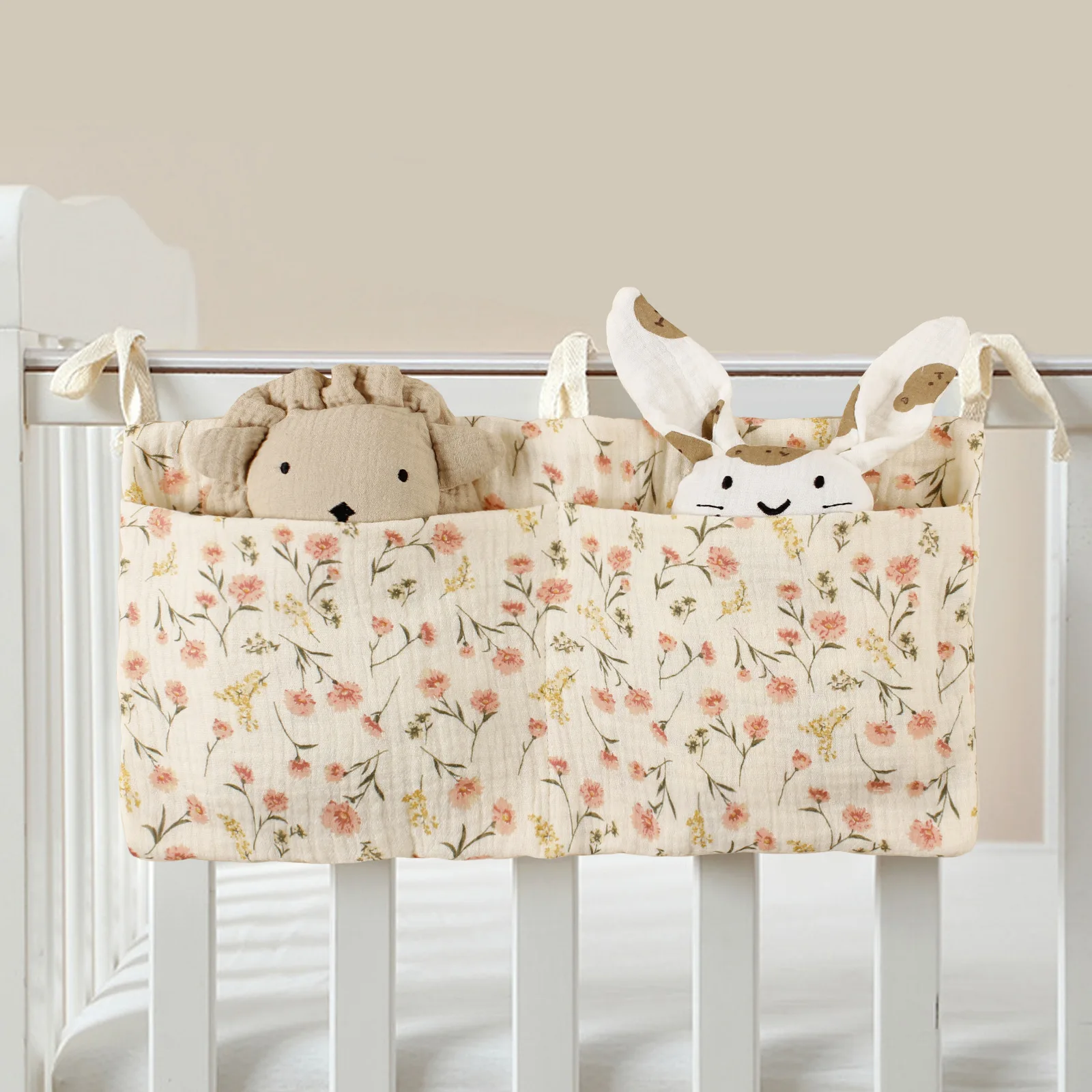 Organisateur de lit pour bébé sac de rangement en coton motifs fleuris suspendable au berceau poches multiples