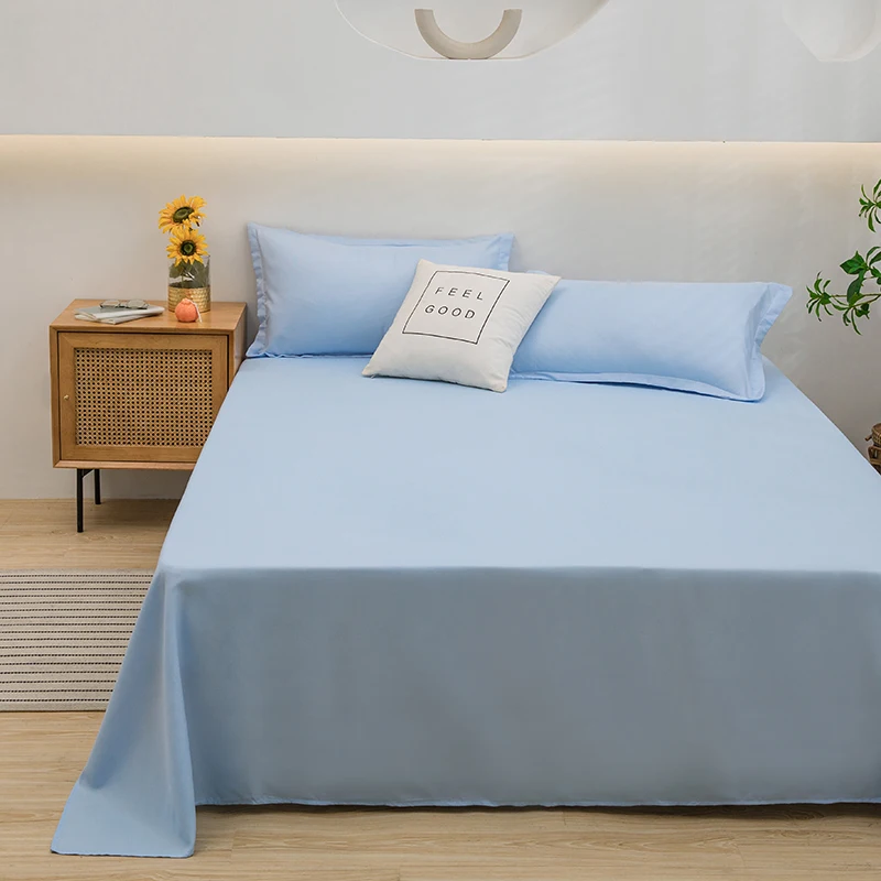 Draps de lit doux pour bébé drap plat en polyester 100% uni bleu ciel taille double king queen