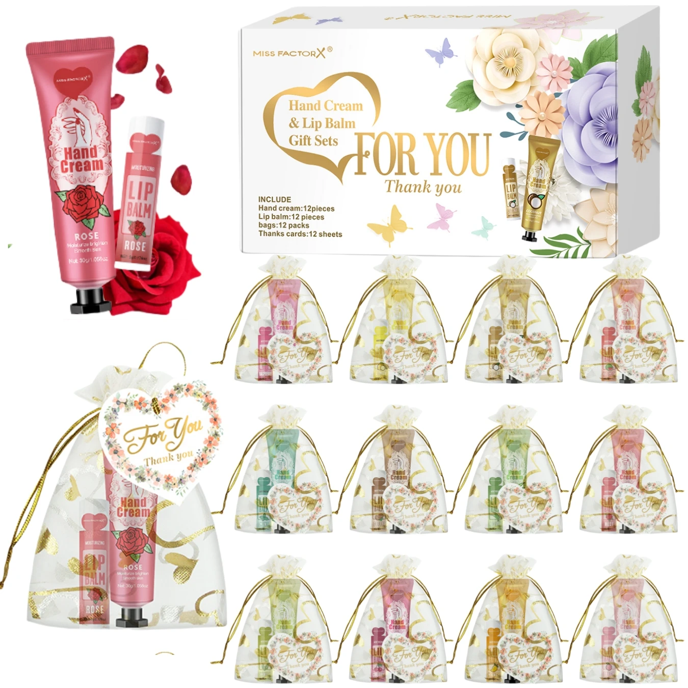 Ensemble crème mains baume lèvres MISS FACTOR X cadeau fête 12 sets sachets organza cartes remerciement design
