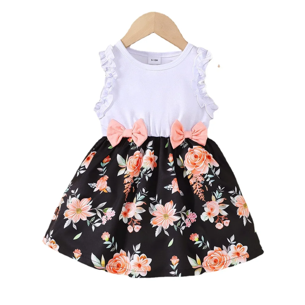 Robe d'été pour bébé fille style floral sans manches nœuds satin matériau doux qualité supérieure usage quotid
