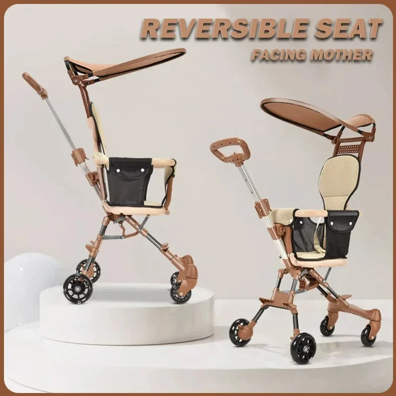 Poussette pliable bébé siège réversible design moderne marron tissu doux roues suspension poches pratiques por