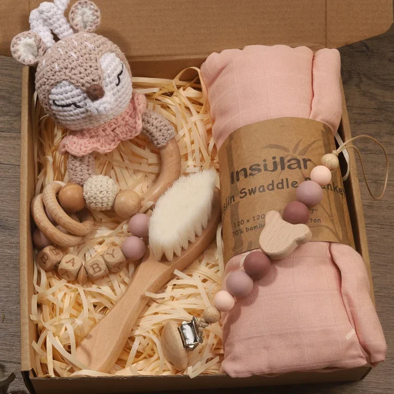 Couverture en mousseline jouets en bois brosse et dentition pour bébé ensemble cadeau personnalisé 036 mois do