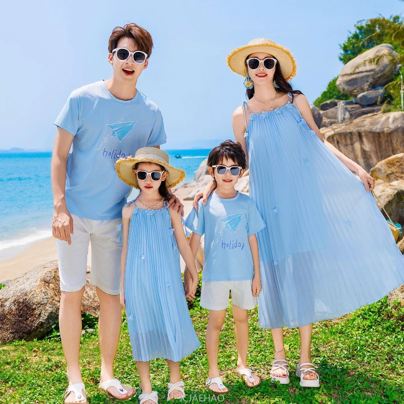 Ensemble plage maman fille père fils robe tshirt pantalon costume