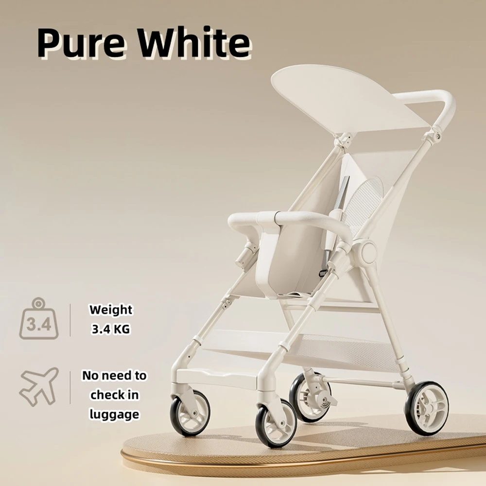 Poussette bébé portable légère pliable 4 roues design moderne minimaliste blanc idéale pour sorties voyages