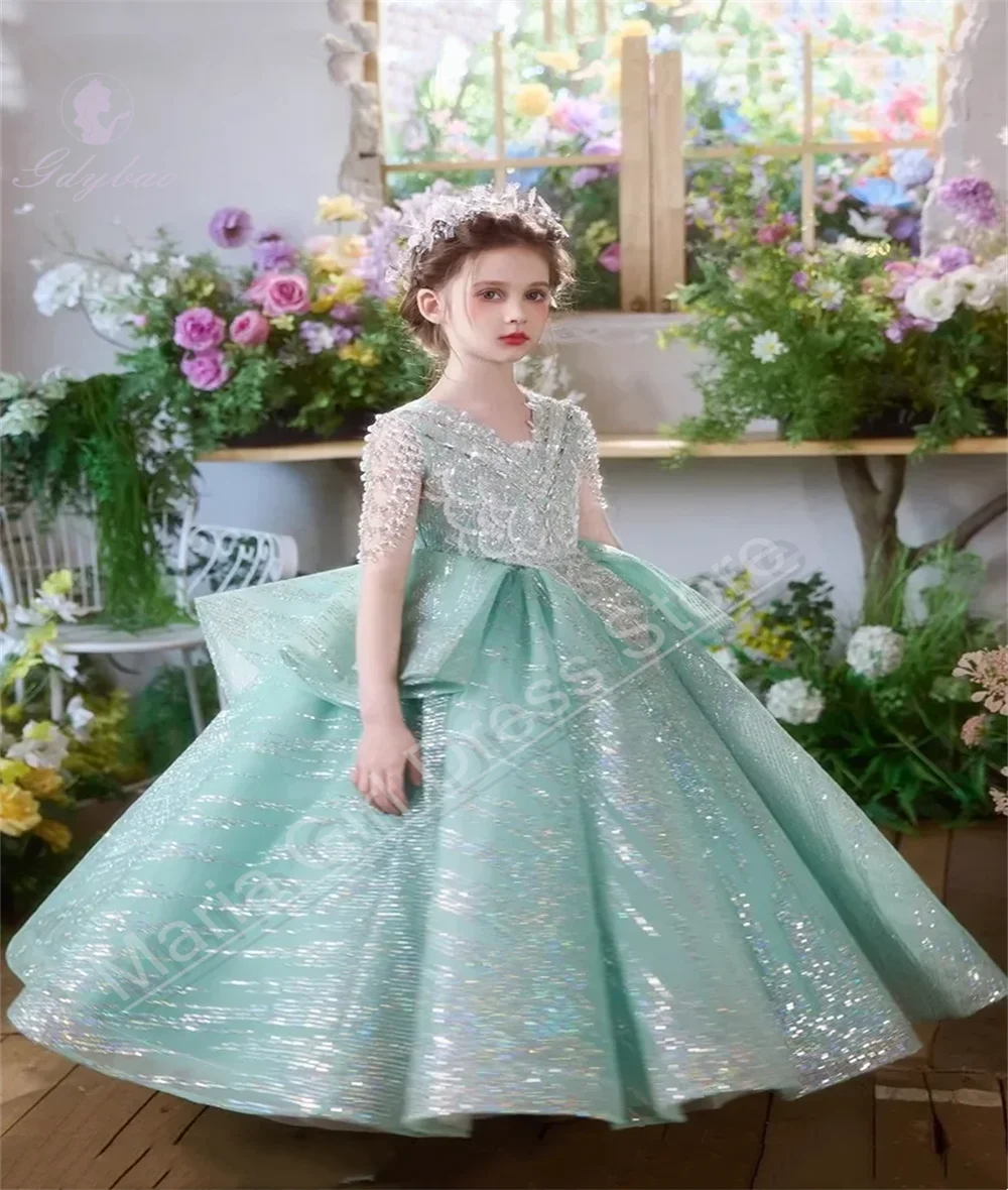 Robe de soirée pour filles vert tube de mariage perles dentelle robe à fleurs anniversaire princesse concours 