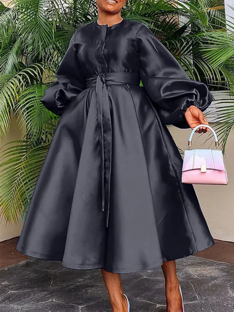 Robe longue vintage en satin pour femme manches à lanterne élégante
