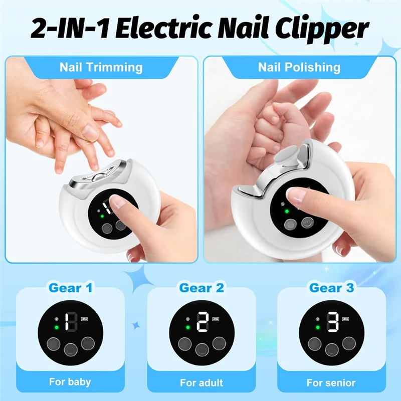 Coupeongles électrique 2en1 bébé adulte personnes âgées 3 vitesses limes à ongles inclus design ergonomique us