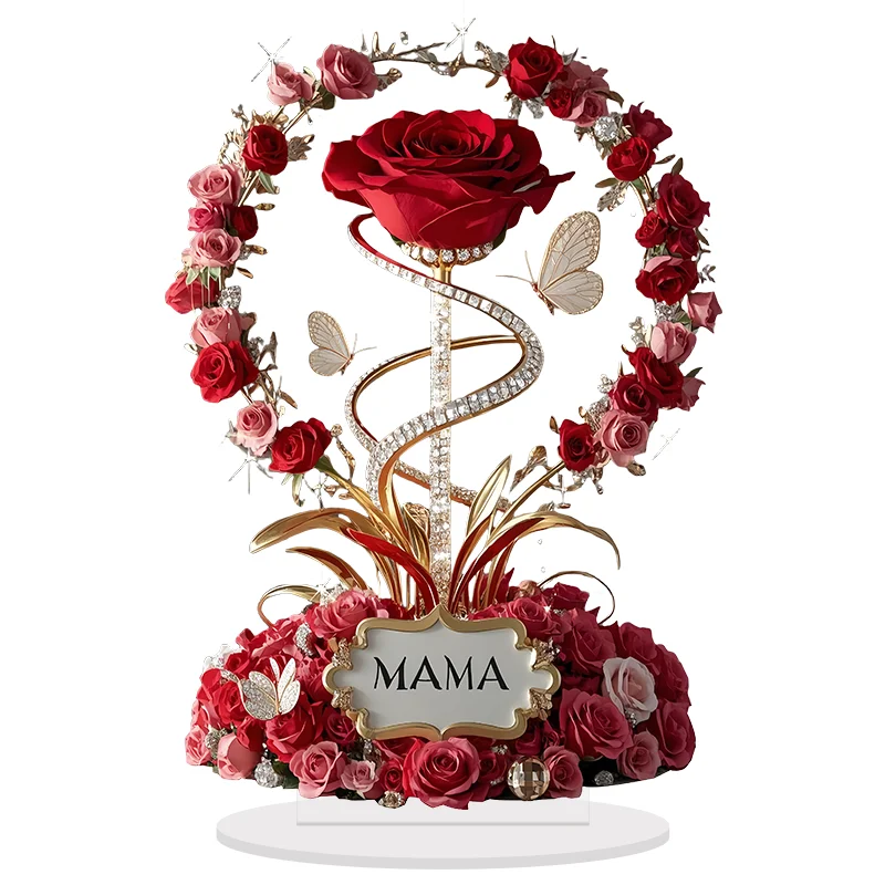 Ornement acrylique 2D Rose maman Décoration bureau élégant Cadeau maman bébé Motif fleur maman Idée anniversai