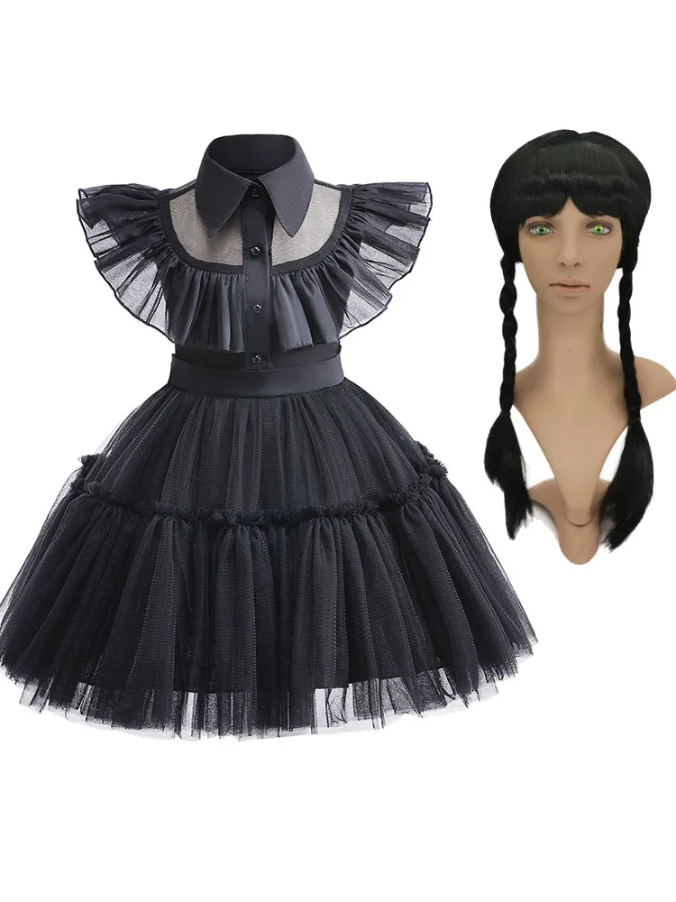 Robe fantaisie gothique pour filles Costume d'Halloween inspiré de Mercredi Addams Robe de carnaval noire pour
