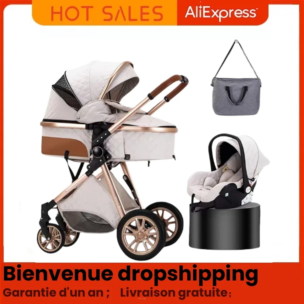 Poussette 3en1 légère siège auto détachable 4 roues matériaux en alliage d'aluminium tissu polyester couleurs