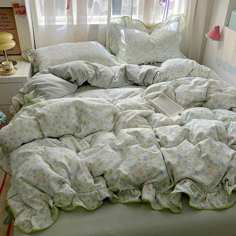 Parure de lit à volants housse de couette floral taie d'oreiller et drap de lit ensemble doux et romantique po
