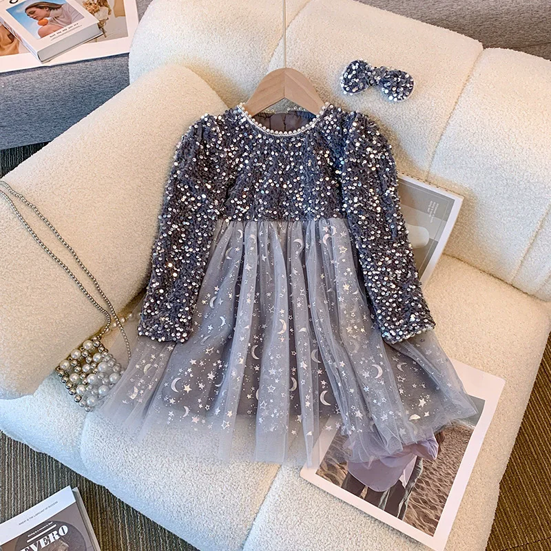 Robe princesse tulle paillettes filles occasion spéciale mariage anniversaire hiver style féerique manches lon