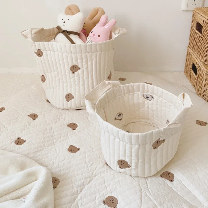 Panier de rangement bébé ours brodé organizateur de jouets en tissu