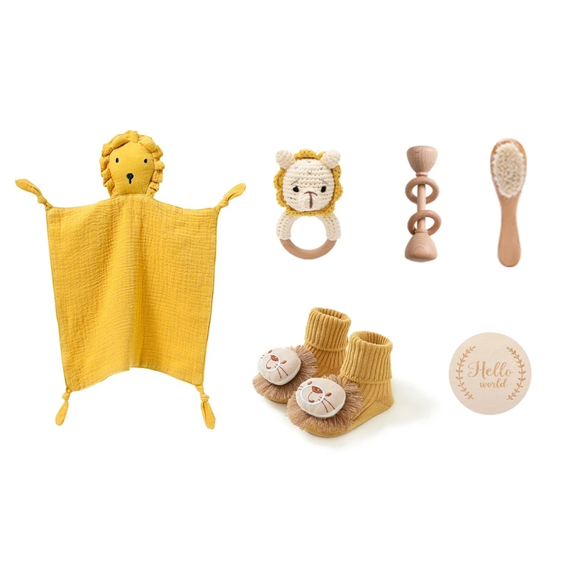 Coffret cadeau bébé sans BPA ensemble bain hochet lion anneau dentition brosse en laine couverture jaune acces