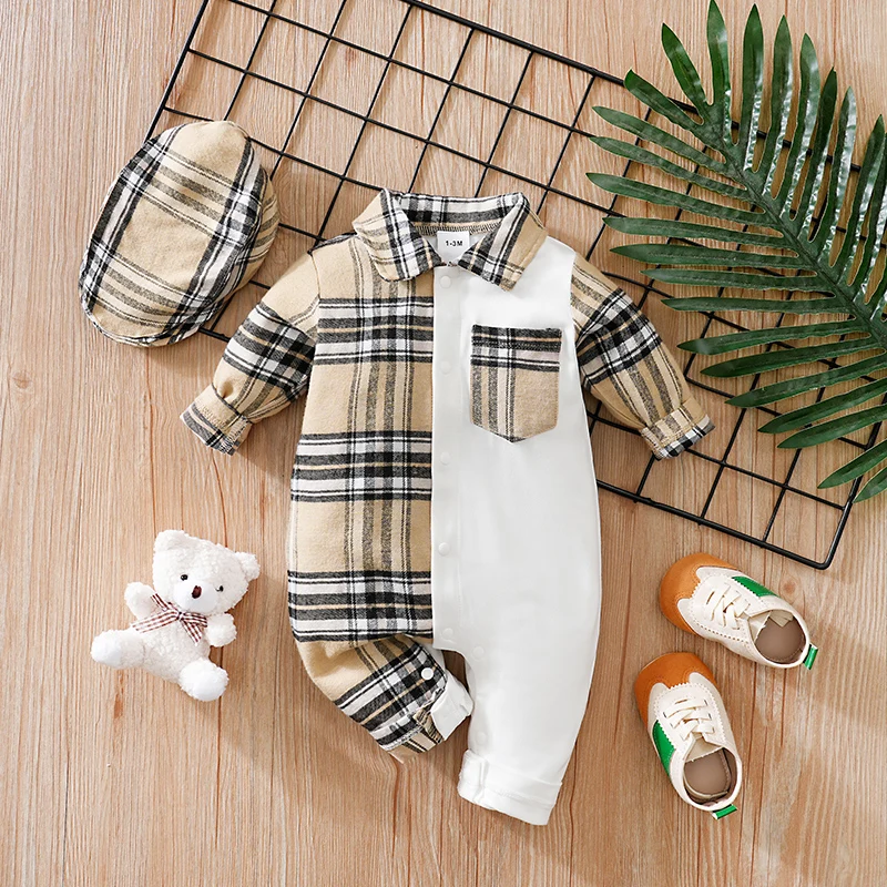 Combinaison bébé à carreaux deux pièces manches longues chapeau assorti printemps automne garçon fille confort