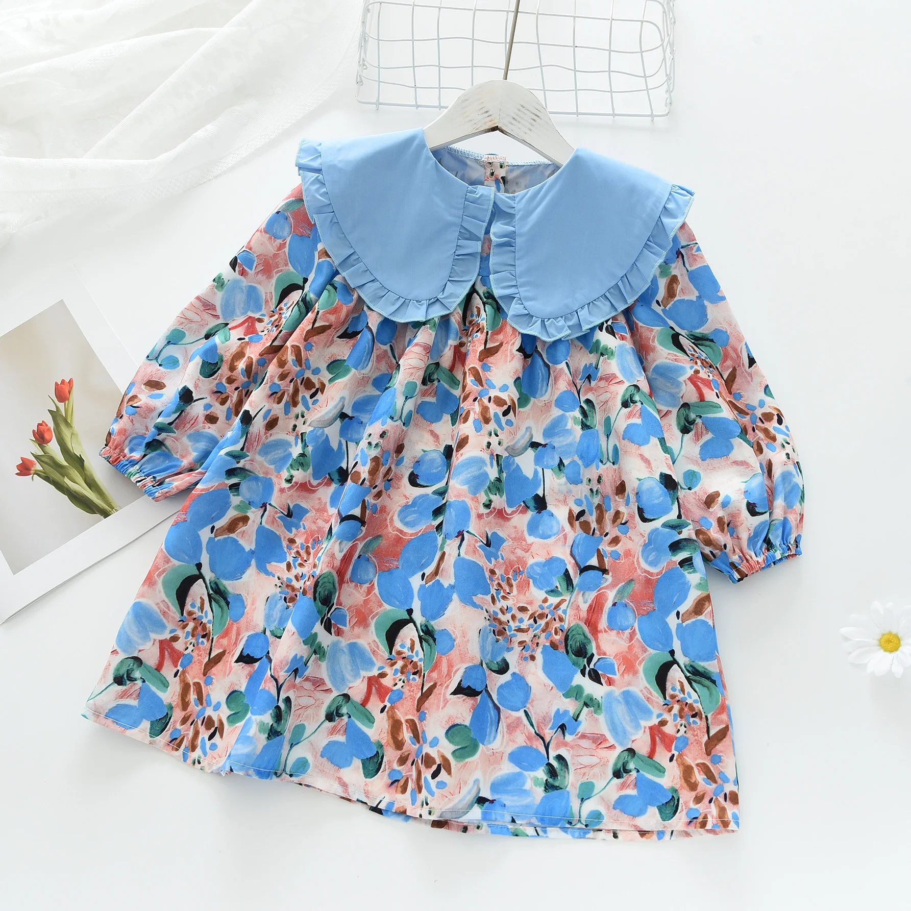 Robe Casual Fille Imprimé Fleur Rose Manches Bouffantes et Longues Col