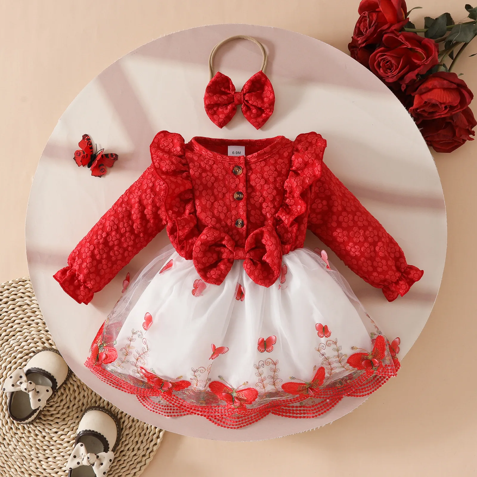 Robe bébé fille costume fête anniversaire robe papillon dentelle manteau cardigan jacquard rose vêtements nouv