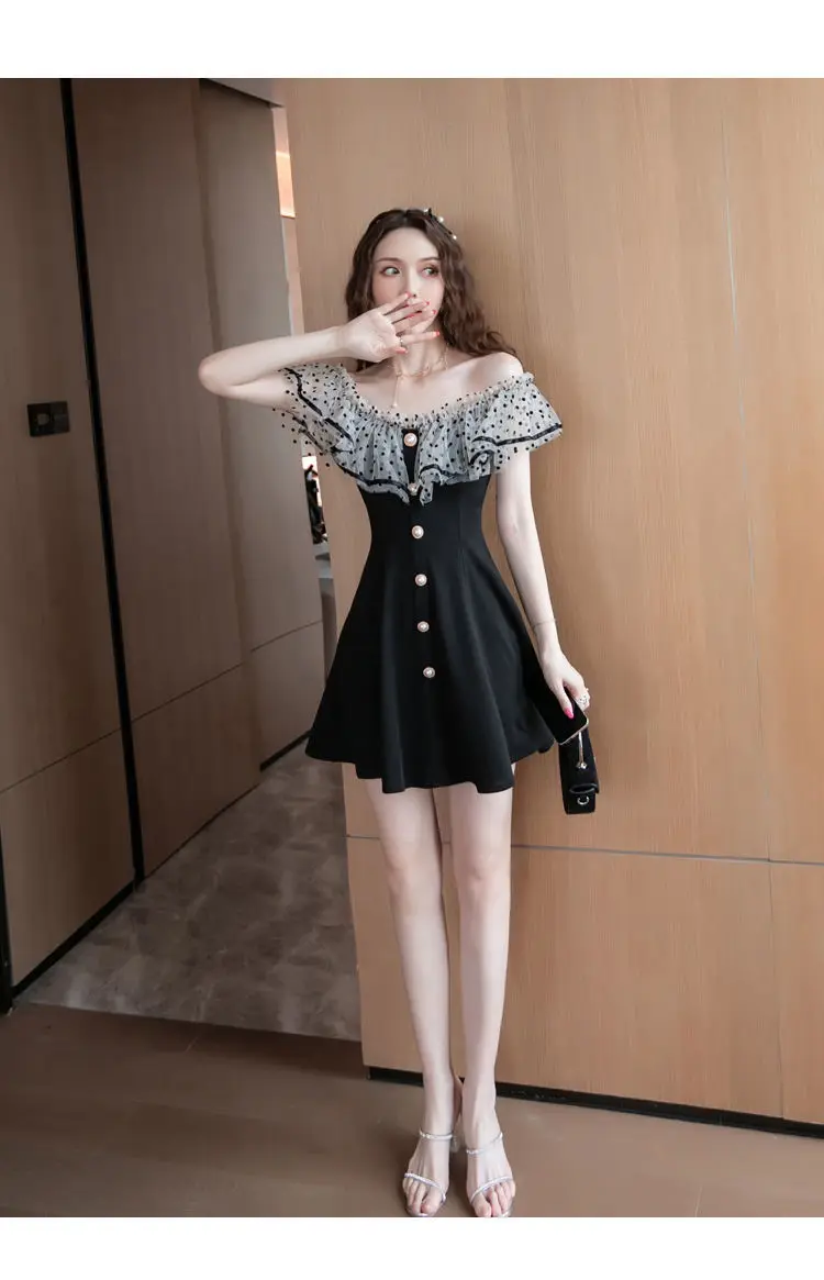 Robe de soirée élégante pour filles adolescentes princesse noire manches courtes Aline kneelength coton polyes