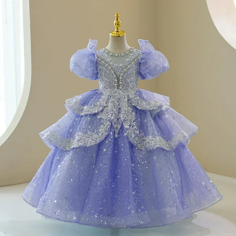 Robe princesse filles manches bouffantes paillettes tulle perles décolleté robe bal fête anniversaire cérémoni