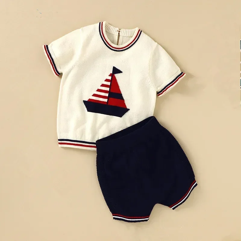 Ensemble vêtements bébé garçon nautique chemise tricotée et short coton style marin été cadeau naissance ou ba